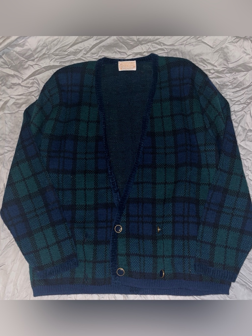 Vtg Pendleton Green & Navy Plaid Wool Cardigan Sweater
